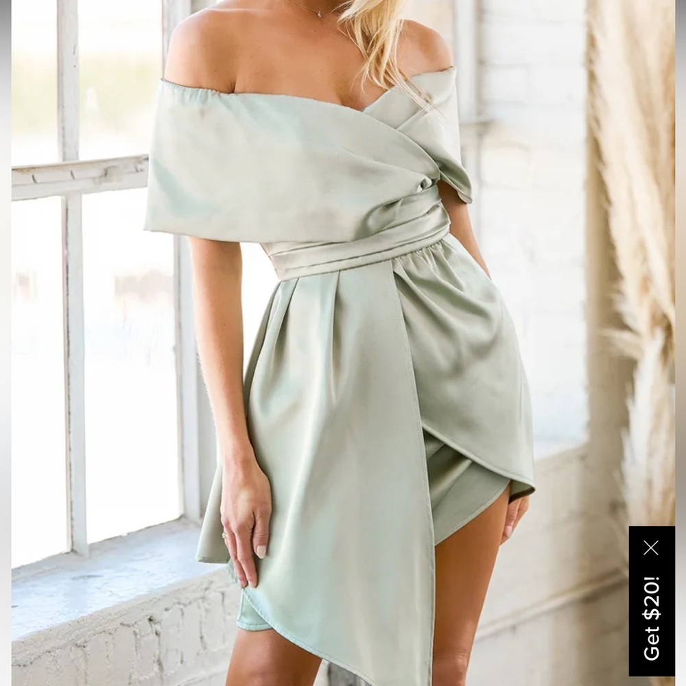 Always Celebrating Sage Green Satin Off-the-Shoulder Mini Dress